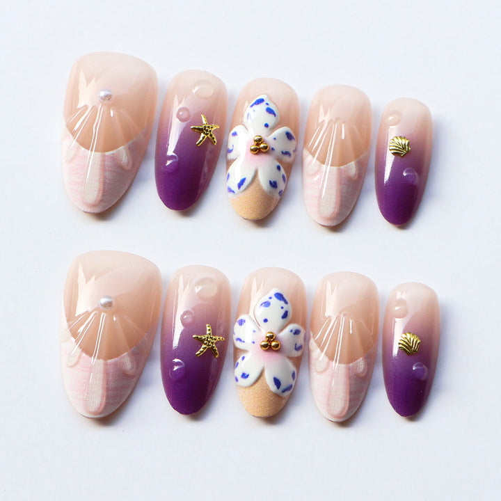 Artistic Press-On Nail Set with Floral Accents