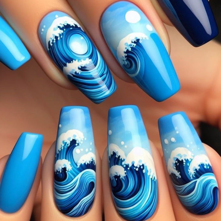Artificial Nail Set with Maritime Wave Designs Kalsten
