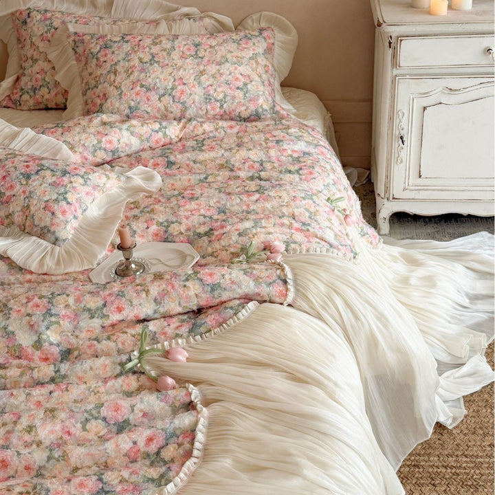 Romantic bedding set with pleated ruffle and floral chenille surface
