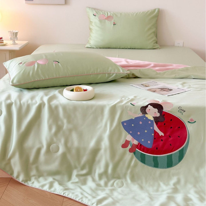 Children's satin bedding set with embroidered bunny moon and silky reversible throw