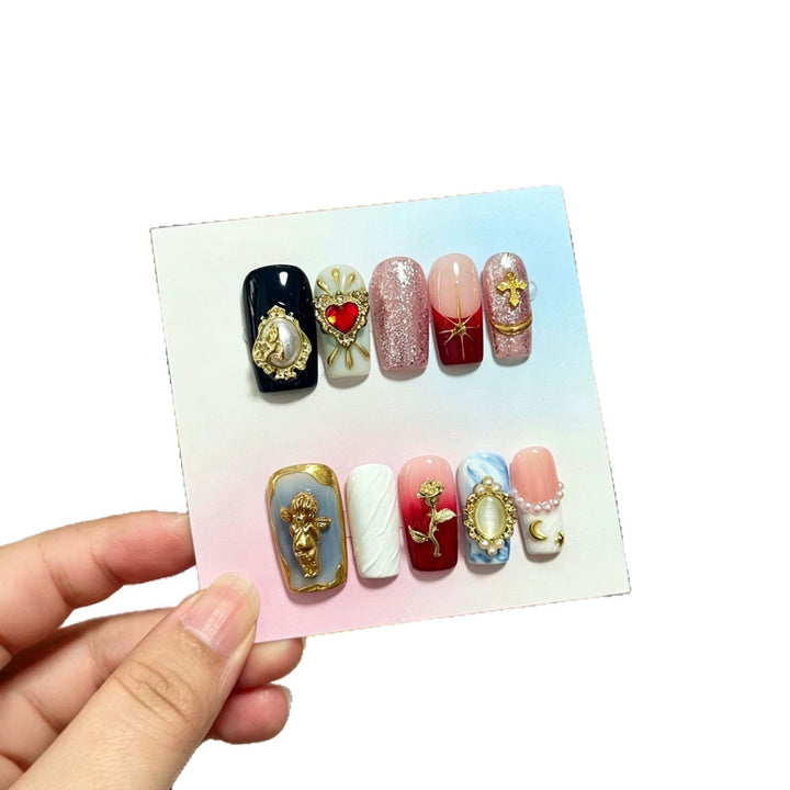 Creative Decorative Press-On Nail Art Set with Charms and Unique Designs