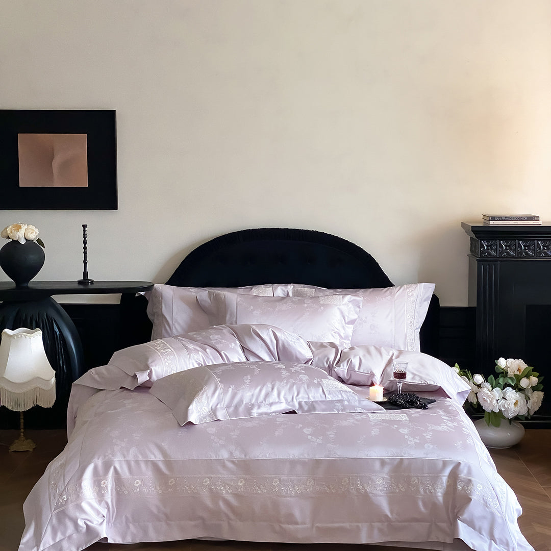 Fine satin bedding set with tonal floral jacquard and fine embroidered border