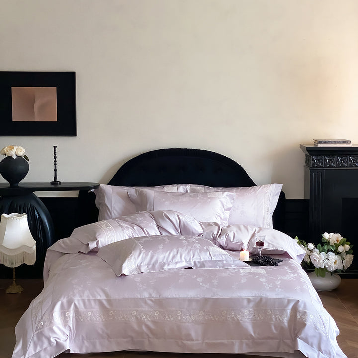Fine satin bedding set with tonal floral jacquard and fine embroidered border