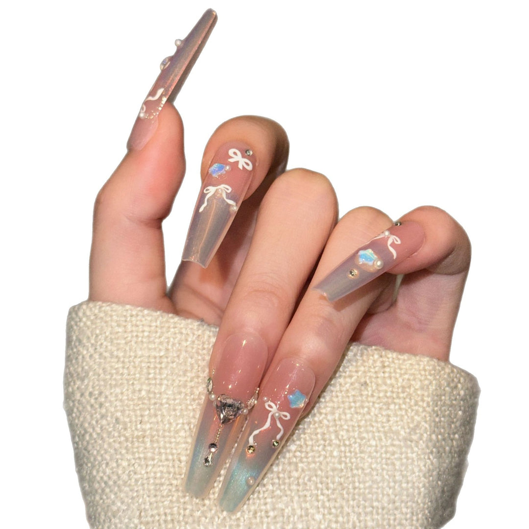 Elegant Press-On Nail Art Set with Chic Ribbon and Gem Accents Kalsten
