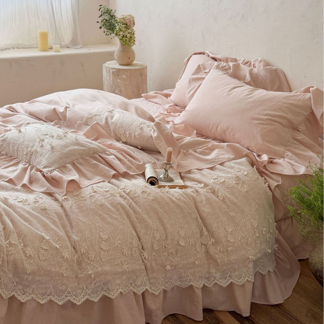 Bedding set with floral relief embroidery, gathered frill and bed skirt