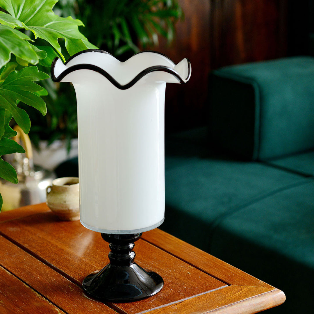 Handblown Fluted Pedestal Art Glass Trumpet Vase Kalsten
