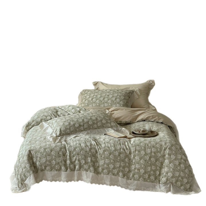 Bedding set made of cotton-linen with floral print and wavy hem