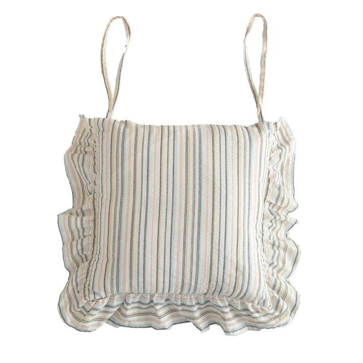 Striped chair cushion with ties, ruffled hem and linen look