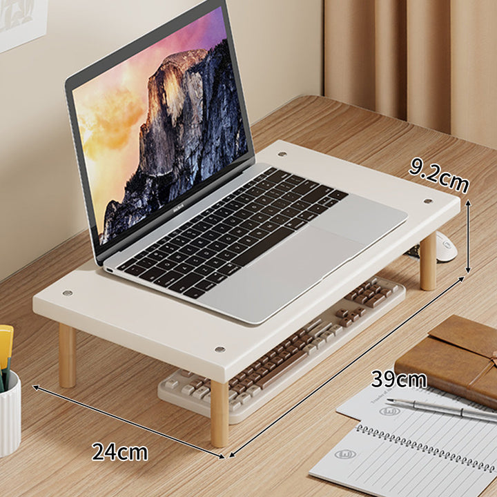 Compact Desktop Laptop and Monitor Riser with Under-Keyboard Storage and Wood Legs