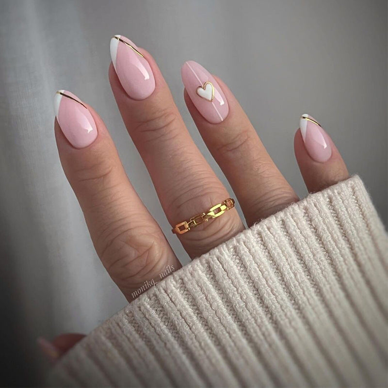 Elegant Press-On Nail Set with Decorative Heart and Gold Accents Kalsten