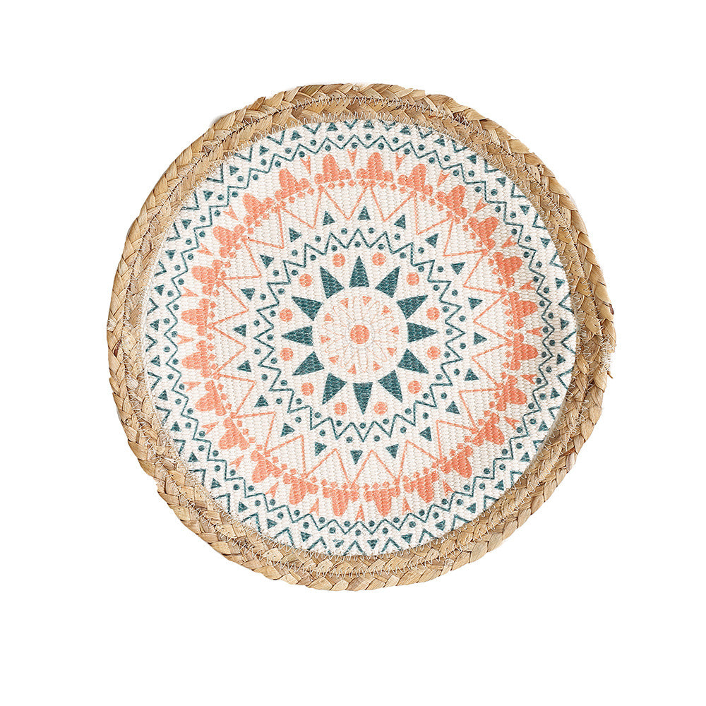 Round woven table mat made of jute with mandala cotton overlay Kalsten