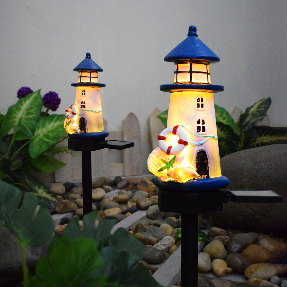Resin Lighthouse LED Garden Stake Lamp With Integrated Solar Panel And Lifebuoy Ornament Kalsten