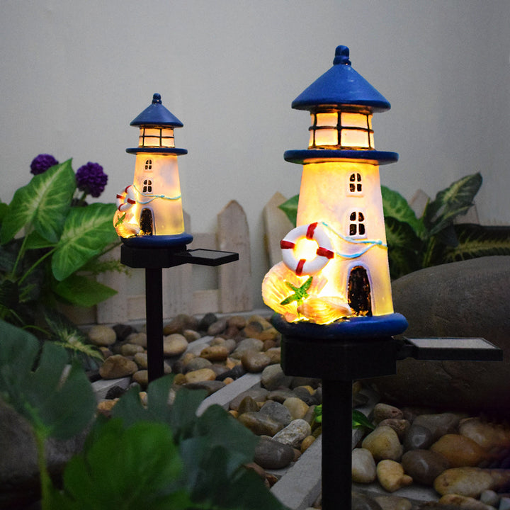 Resin Lighthouse LED Garden Stake Lamp With Integrated Solar Panel And Lifebuoy Ornament Kalsten