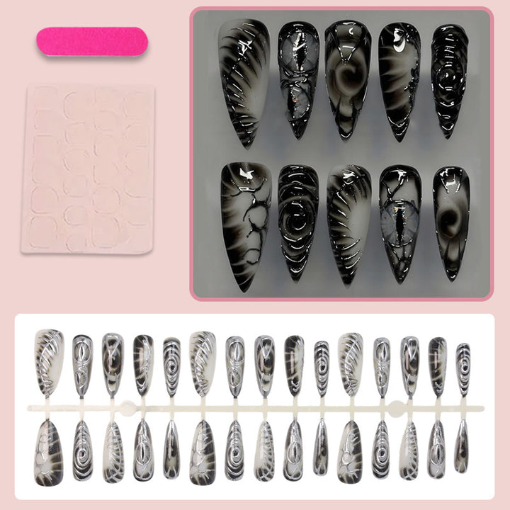 Artificial nail set with modern spiral pattern and shiny accents Kalsten