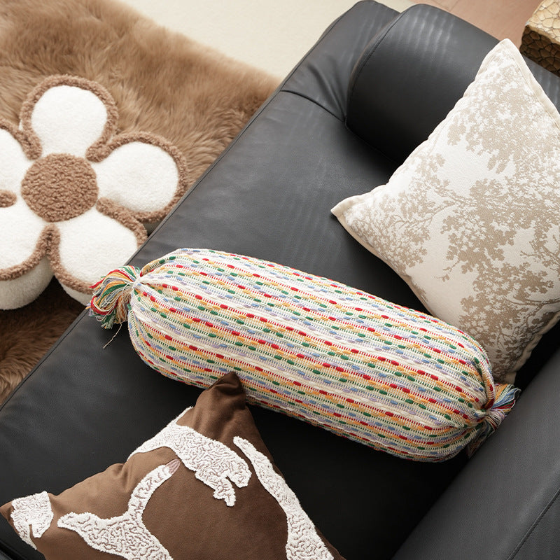Cozy cushion set made of woven cotton blend with cylindrical roll and tassels Kalsten