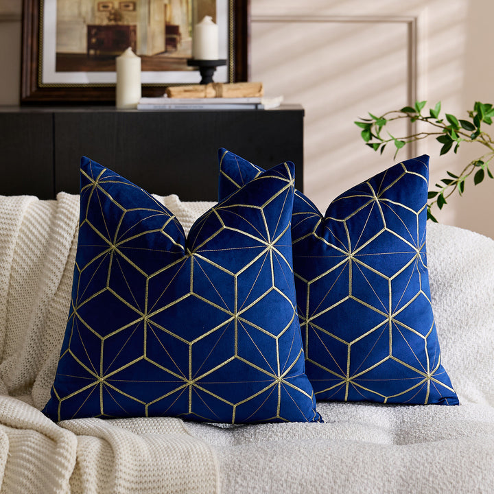 Embroidered Velvet Geometric Square Throw Pillow Cover with Metallic Stitching