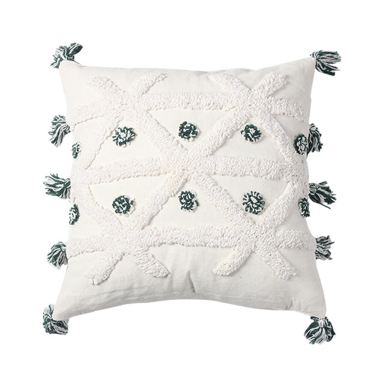 Decorative Textured Cotton Throw Pillow with Tassels and Tufted Geometric Pattern