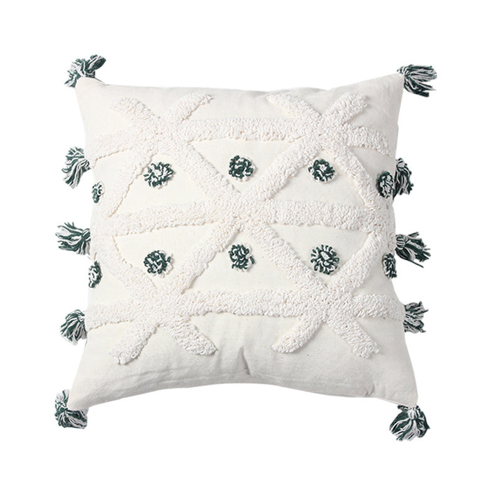Decorative Textured Cotton Throw Pillow with Tassels and Tufted Geometric Pattern