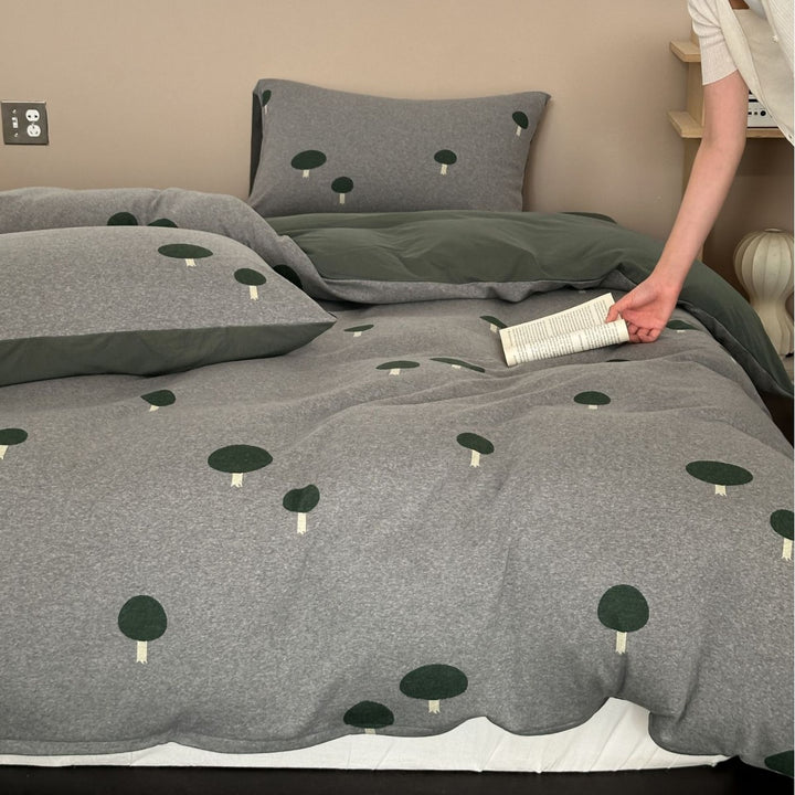Cozy flannel bedding set with minimalistic tree pattern and reversible function