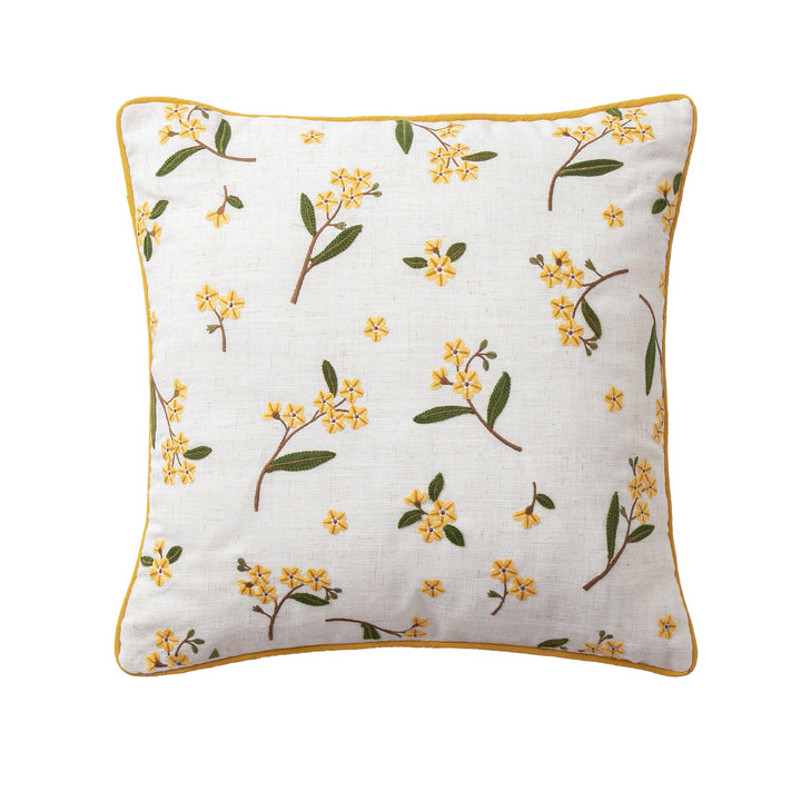 Embroidered linen decorative pillow with floral embroidery and piping