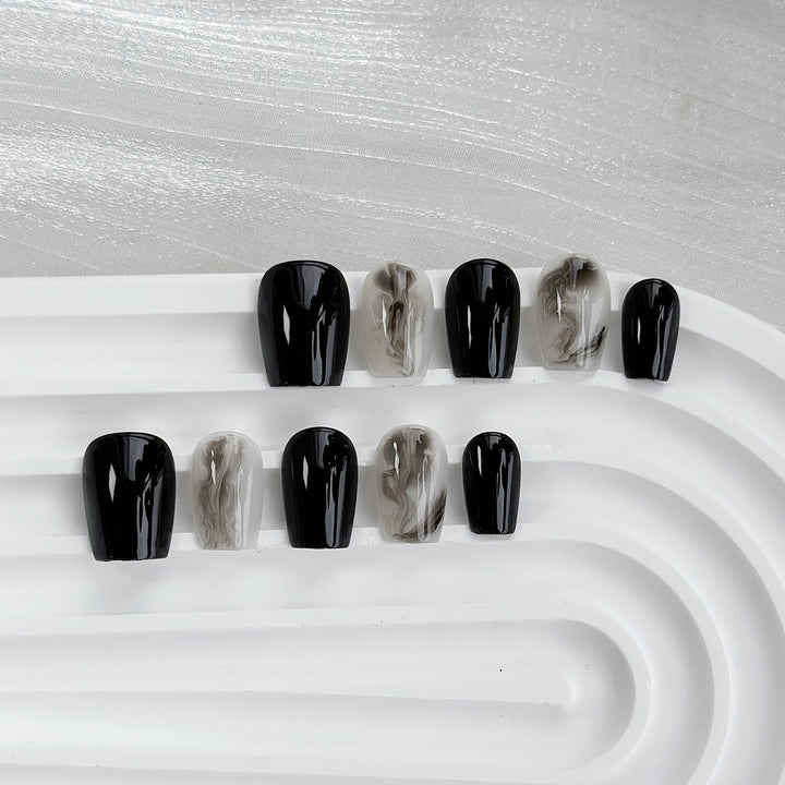 Artistic Gel Press-On Nail Set with Marble and Glossy Finish