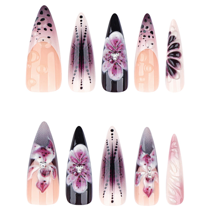 Artistic stiletto nails with floral 3D embellishments Kalsten