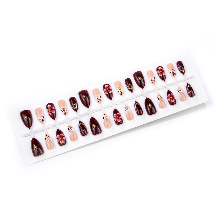 Artistic Press-On Nail Set with Floral and Leopard Accents
