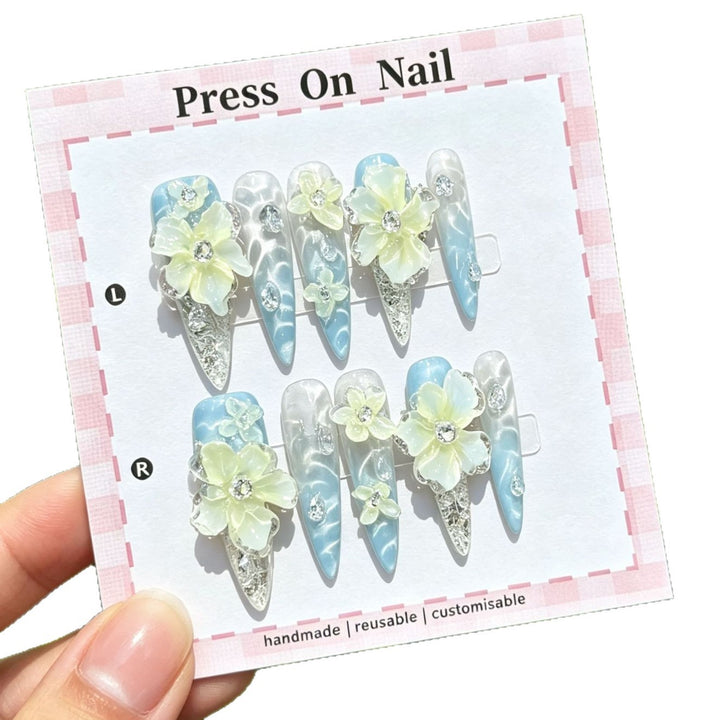 Artistic Press-On Nail Art Set with Cute Character and Bow Accents