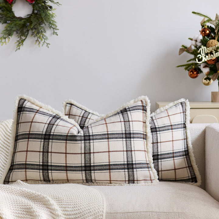Plaid Sherpa-Trim Square Decorative Throw Pillow Cover