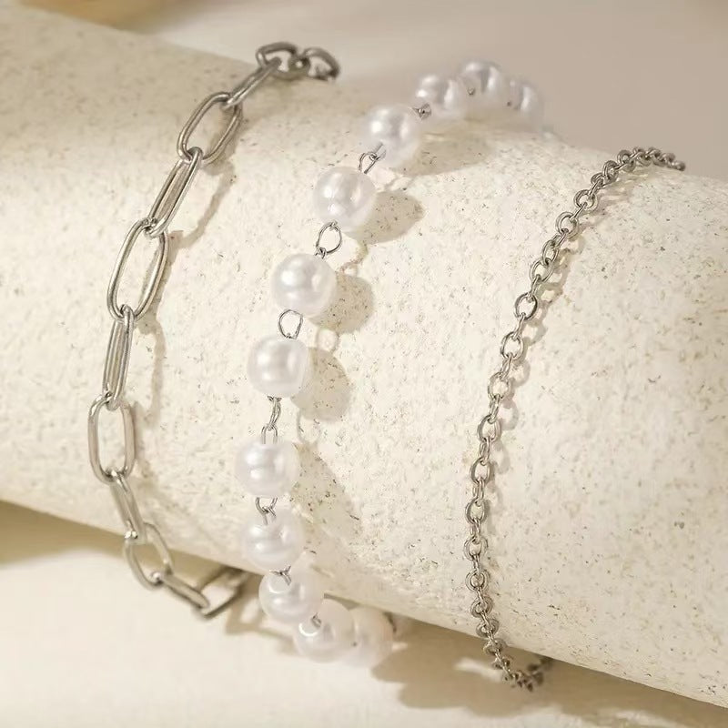 Elegant Layered Pearl and Chain Bracelet Set Kalsten