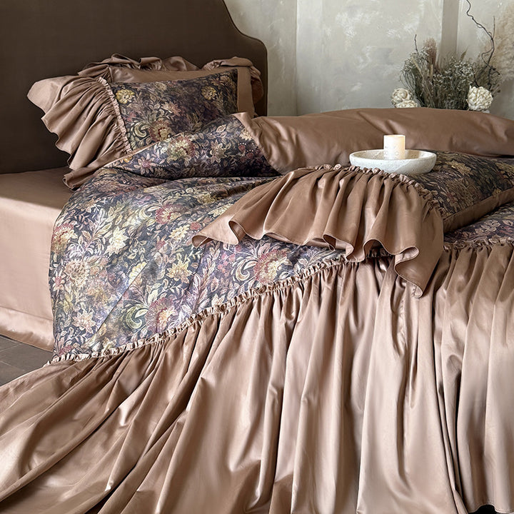 Opulent jacquard bedding set with large flounce and decorative ruffle edging