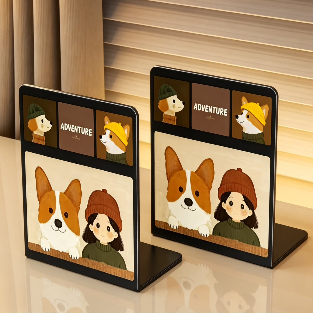 L-Shaped Metal Desktop Bookend with Integrated Photo and Card Display