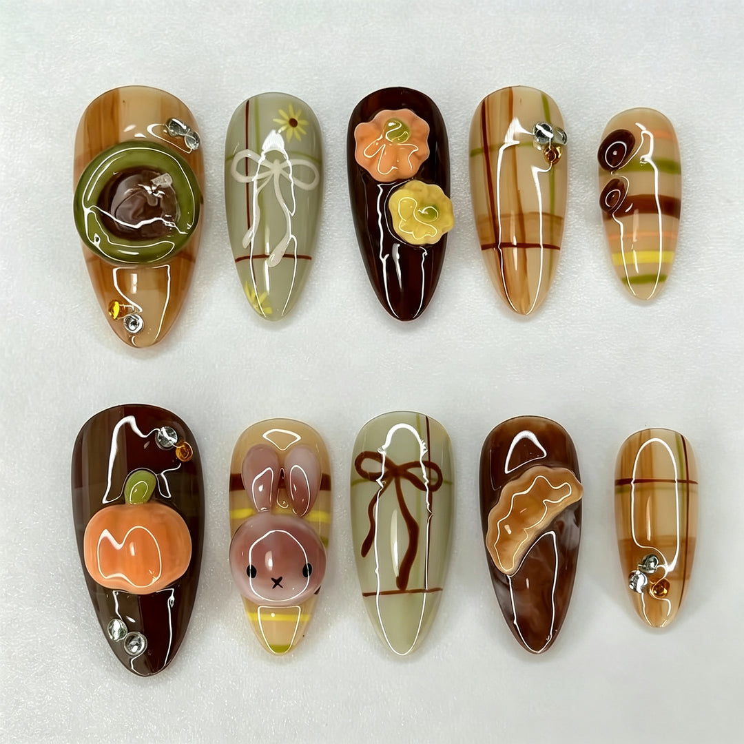 Whimsical Autumn-Themed Press-On Nail Art Set