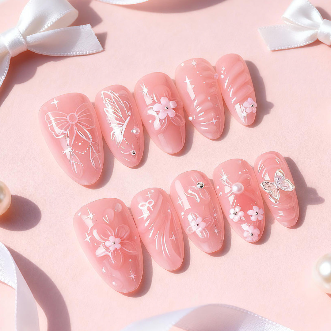Floral and Bow-Embellished Press-On Nail Art Set Kalsten