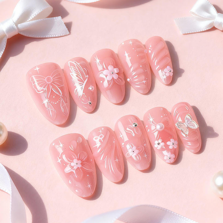 Floral and Bow-Embellished Press-On Nail Art Set Kalsten