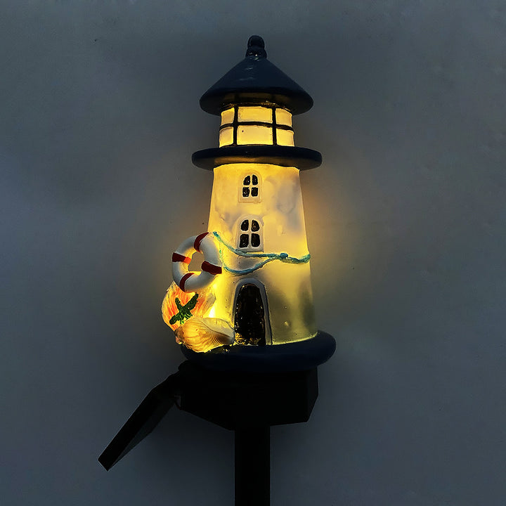 Resin Lighthouse LED Garden Stake Lamp With Integrated Solar Panel And Lifebuoy Ornament Kalsten