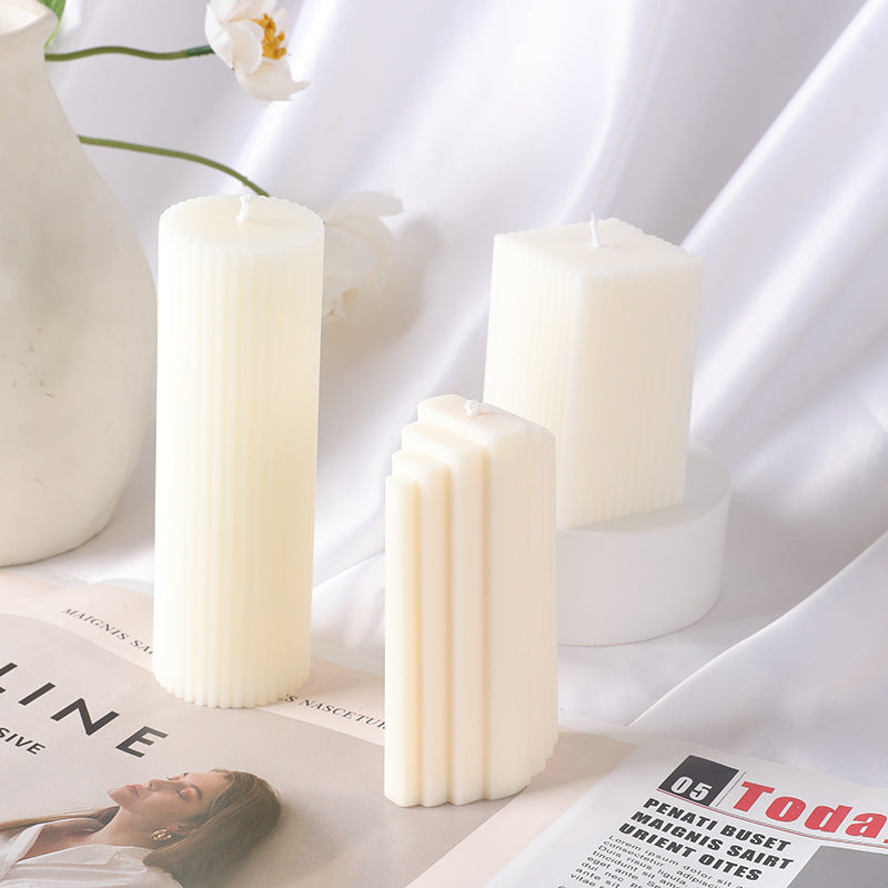Ribbed Sculptural Pillar Candle with Vertical Fluted Profile