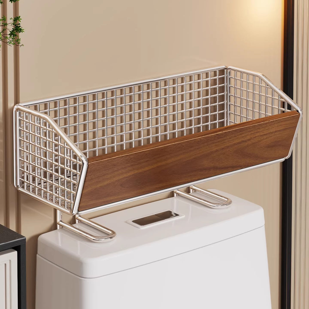 Over-Toilet Wire Storage Basket with Wooden Front Panel