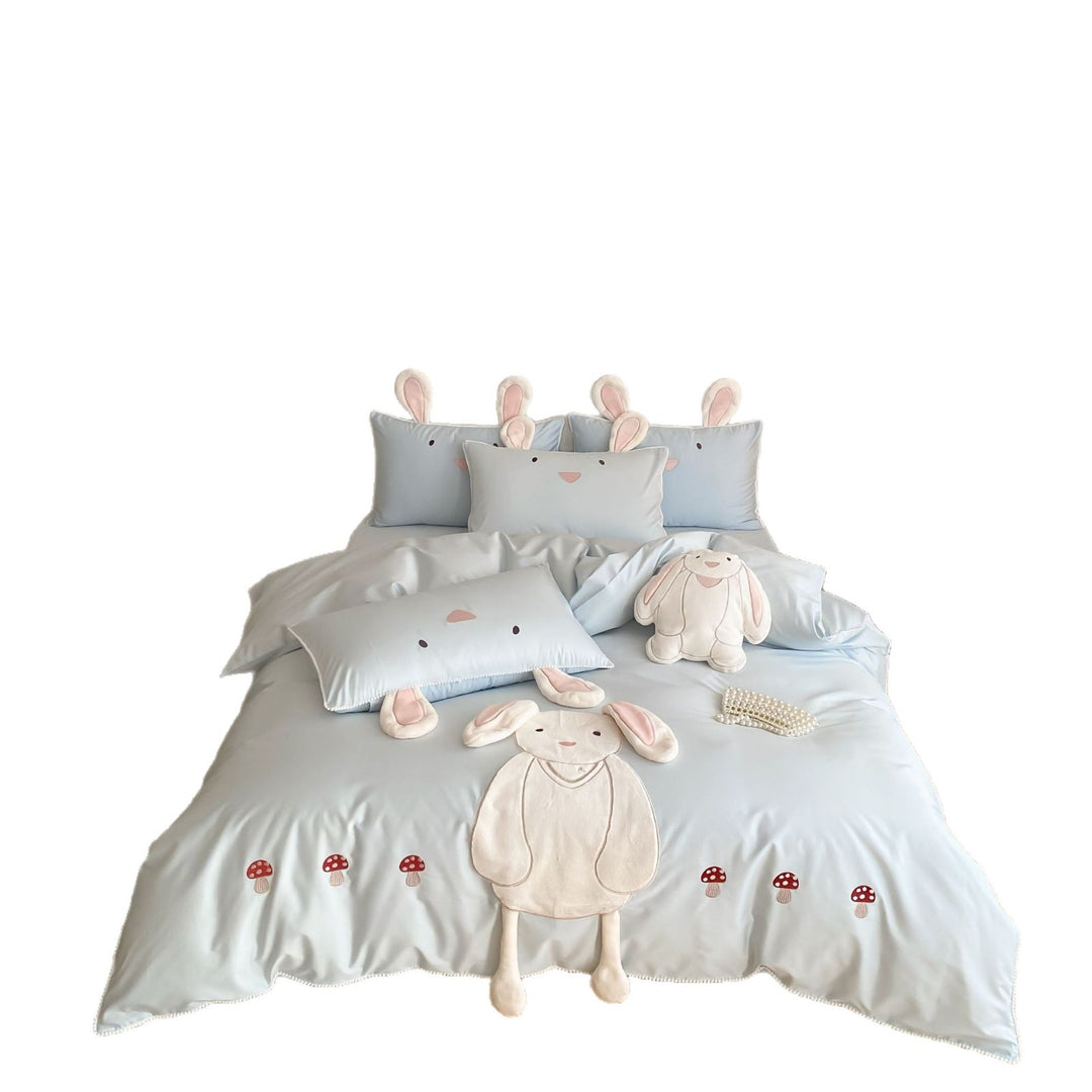 Kids bedding set with 3D bunny appliqué and cuddle pillow
