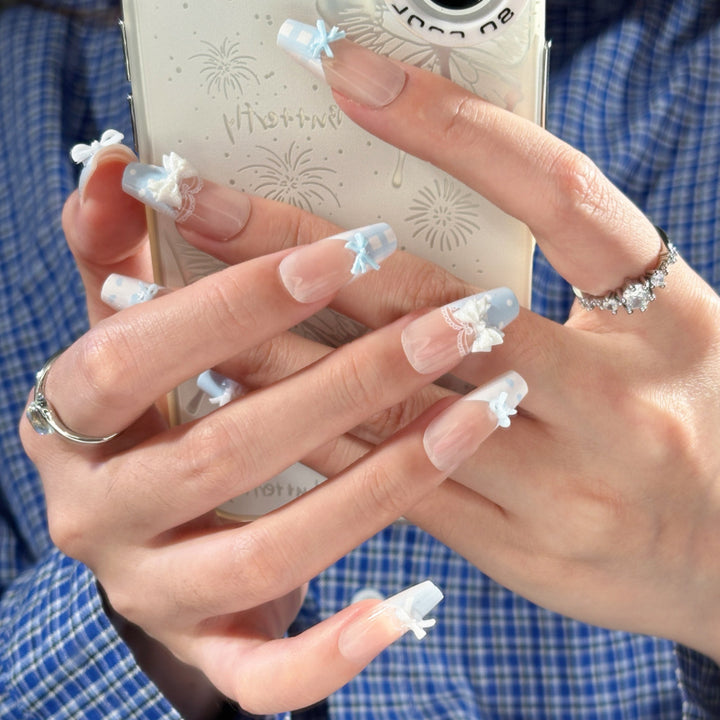 Artistic Press-On Nail Set with Floral and Gemstone Accents Kalsten