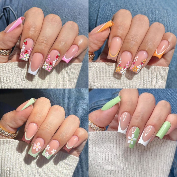 Artificial nail set with colorful flowers and creative French design Kalsten