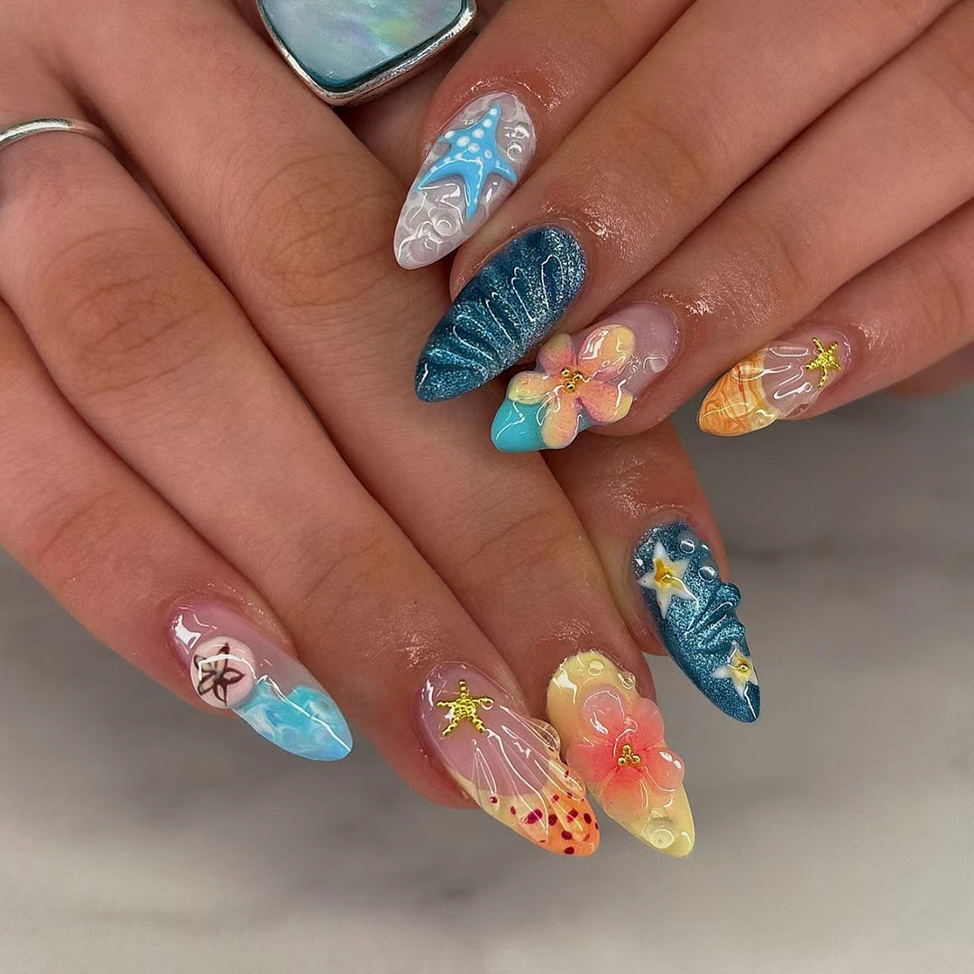 Floral Ocean-Inspired Press-On Nail Art Set