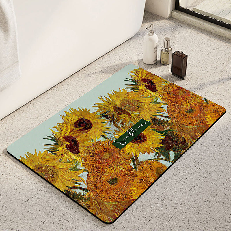Artistic Sunflower-Themed Bath Mat