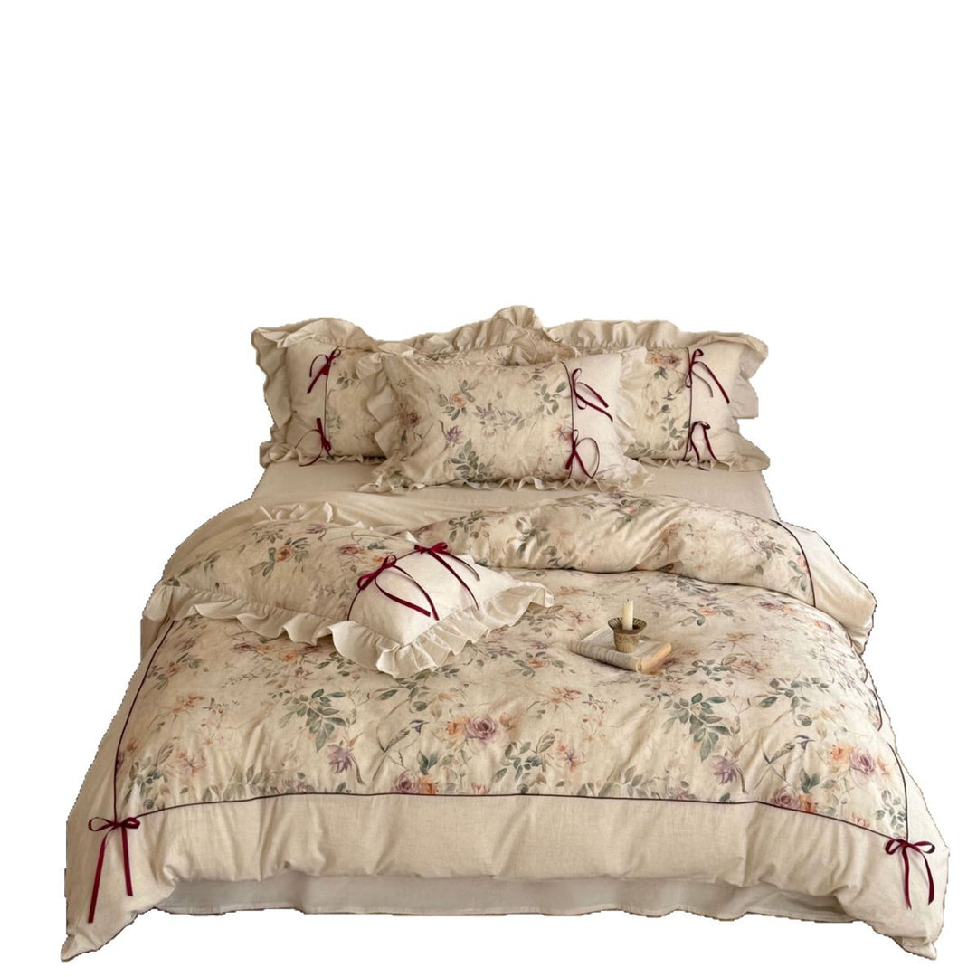 Floral Cotton-Linen Duvet Cover Set with Ruffled Edge, Decorative Piping and Bow Closure