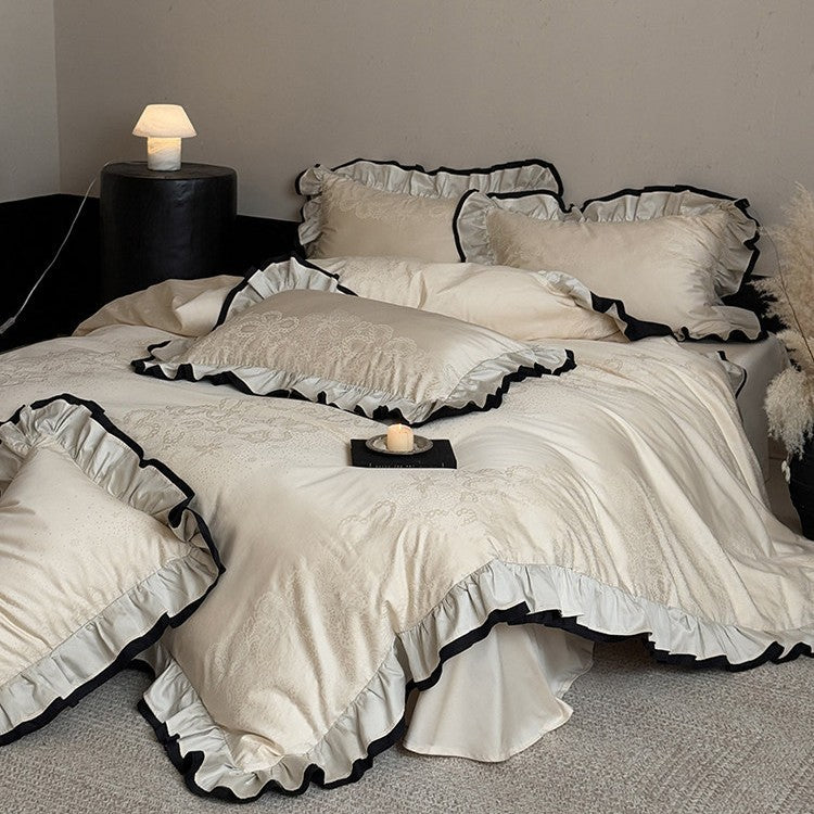 Romantic duvet cover set with ruffle border and fine jacquard embroidery