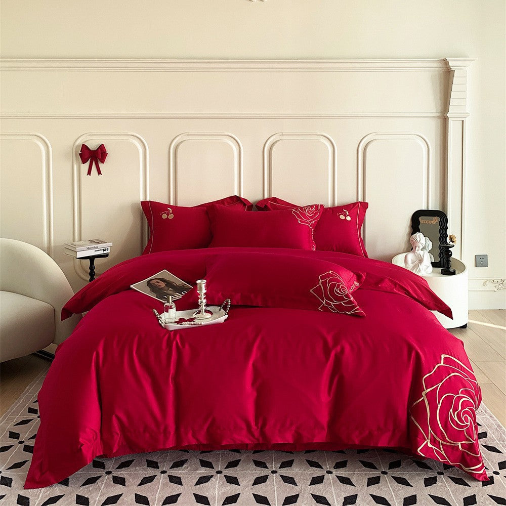 Luxurious cotton satin bedding set with rose embroidery