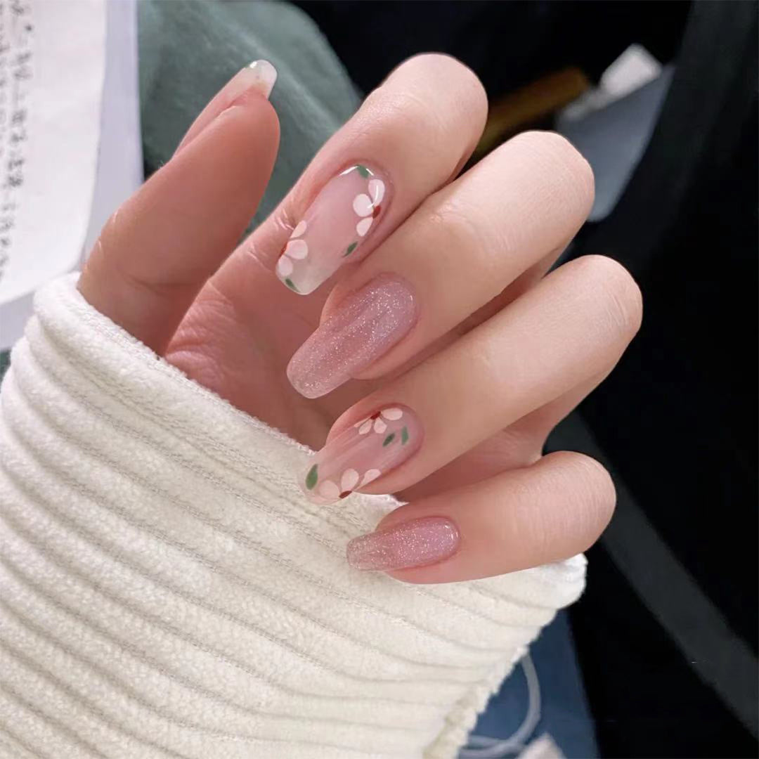 Artful Gel Nails with Elegant Floral Design and Glitter Accents Kalsten