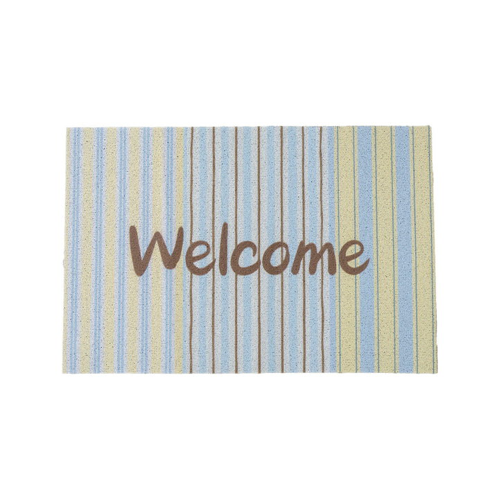 Woven door mat with welcome inscription, striped pattern and non-slip back