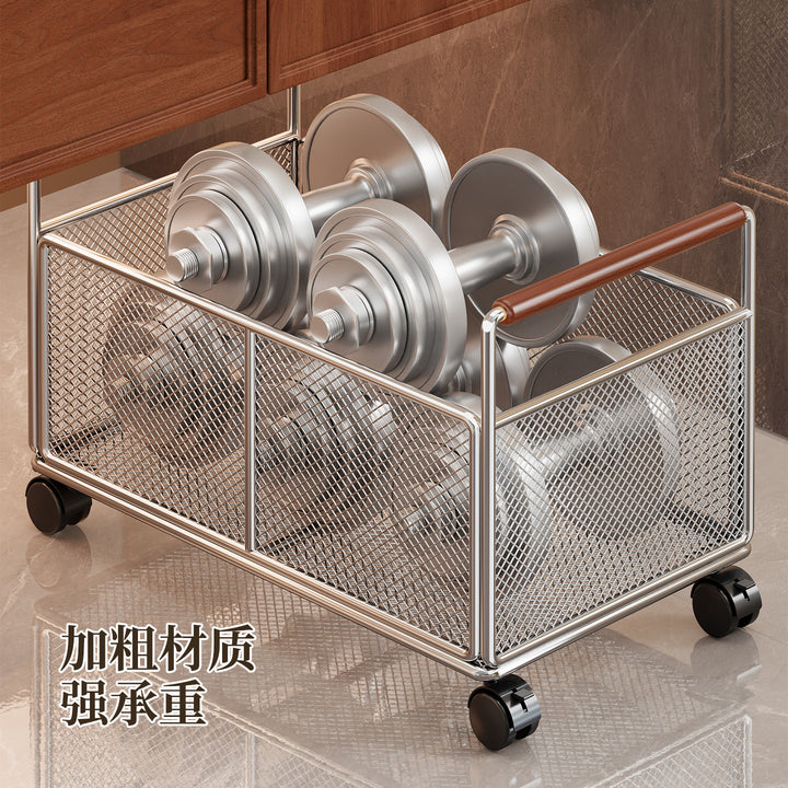 Low-Profile Metal Mesh Storage Crate with Dual Wood-Accent Handles for Blankets and Towels