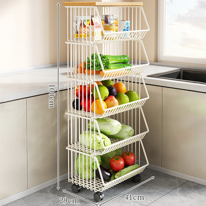 Countertop Wooden-Top Metal Wire Produce Storage Basket with Front-Tilt Access